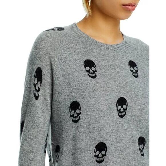 AQUA Cashmere Skull Print Crewneck Cashmere Sweater Gray Size M - Picture 2 of 8
